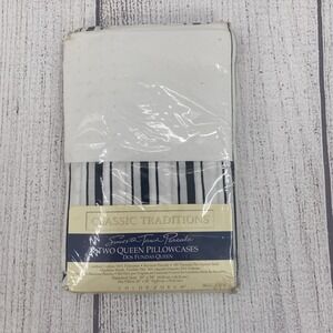 Classic Traditions Pillowcase Set QUEEN Black White Stripe Smooth Touch Percale